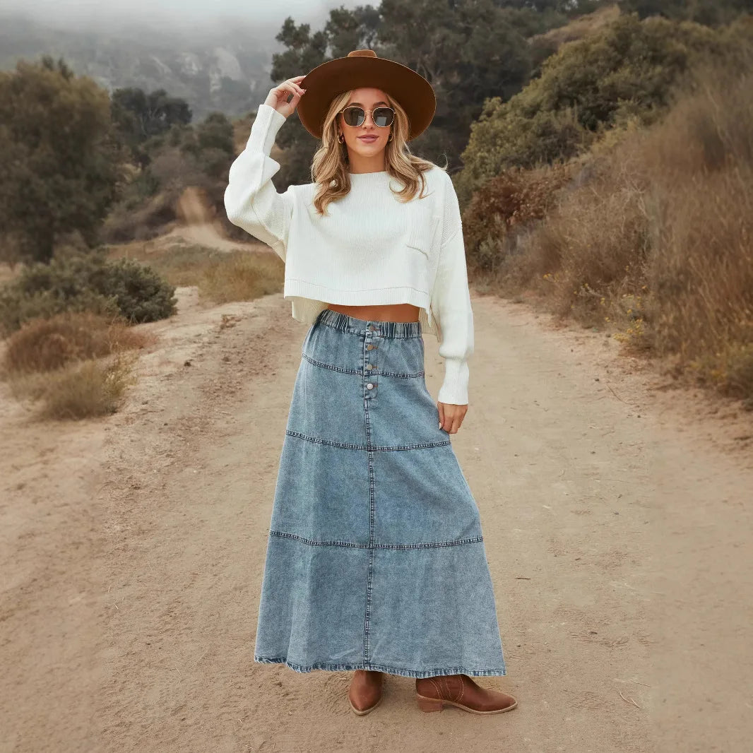 Luna - Boho Maxi Denim Skirt